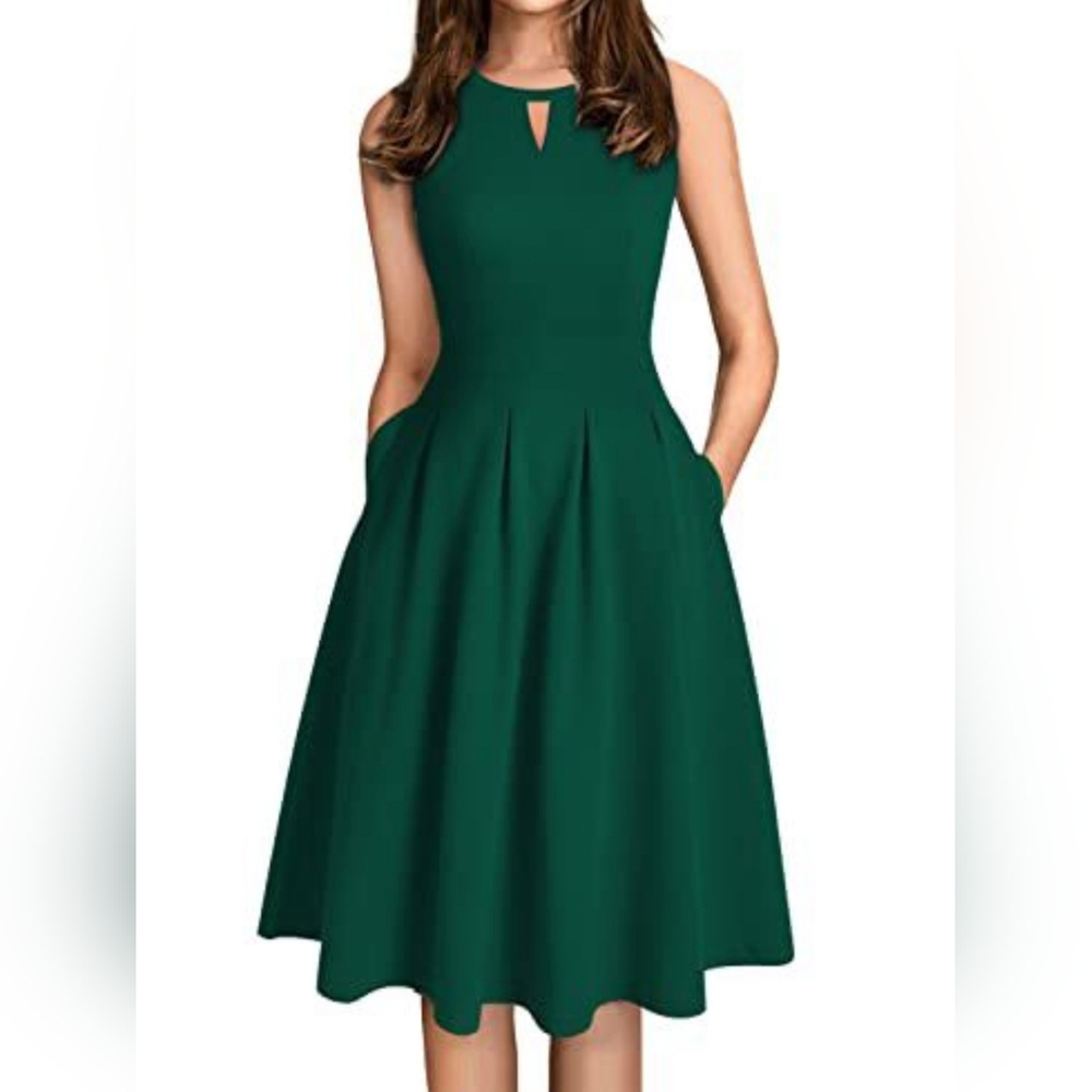 Women's Retro Sleeveless Swing Casual Dress with Pockets, Size Medium